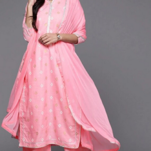 Pink Printed Cotton Suit Set Beautiful Indian Designer 3 Piece Kurti, Palazzo With Dupatta Suit